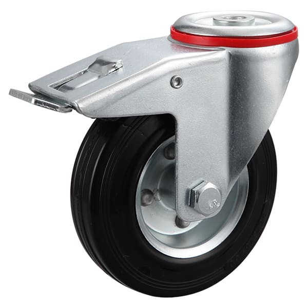 Bolt Hole and Total Brake Black Solid Rubber Industrial Castors with Metal Rim