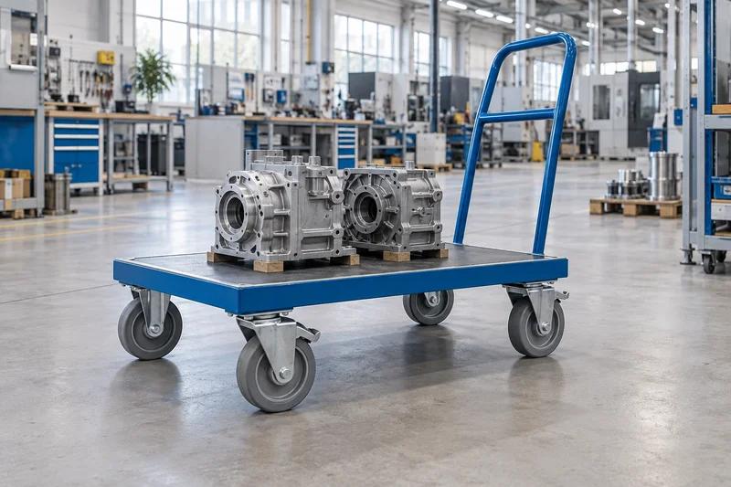 Illustrative industrial transport cart on swivel castors inside an equipment assembly hall