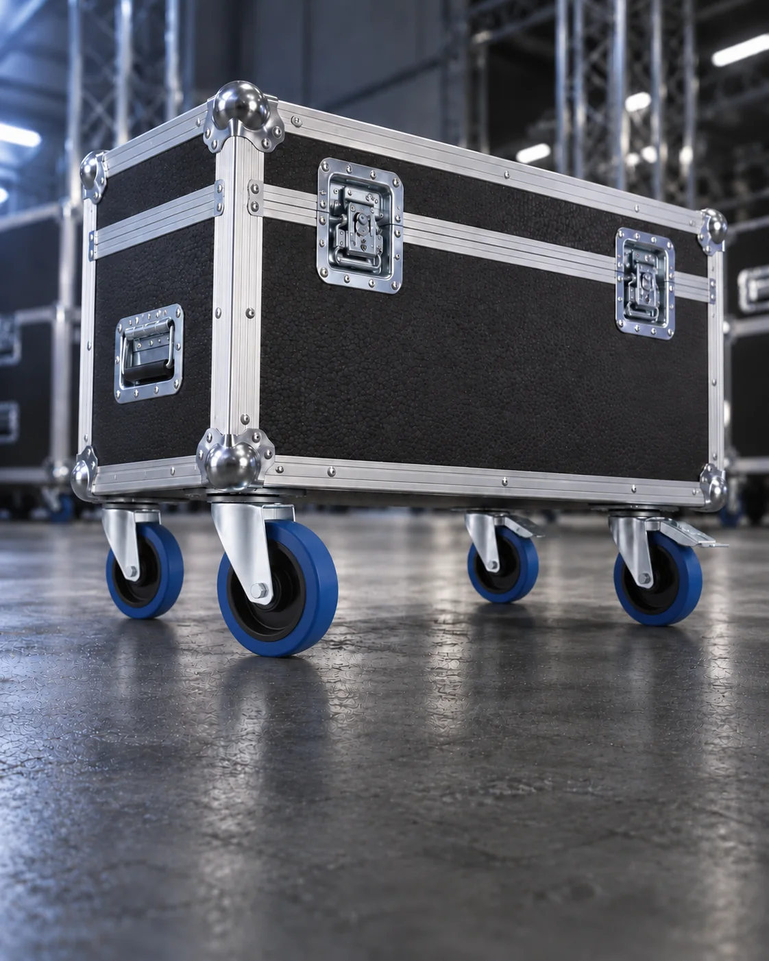 AI application concept of a flight case on four blue elastic rubber castors: two plain swivel castors at one end and two braked swivel castors at the opposite end, installed beneath the four base corners