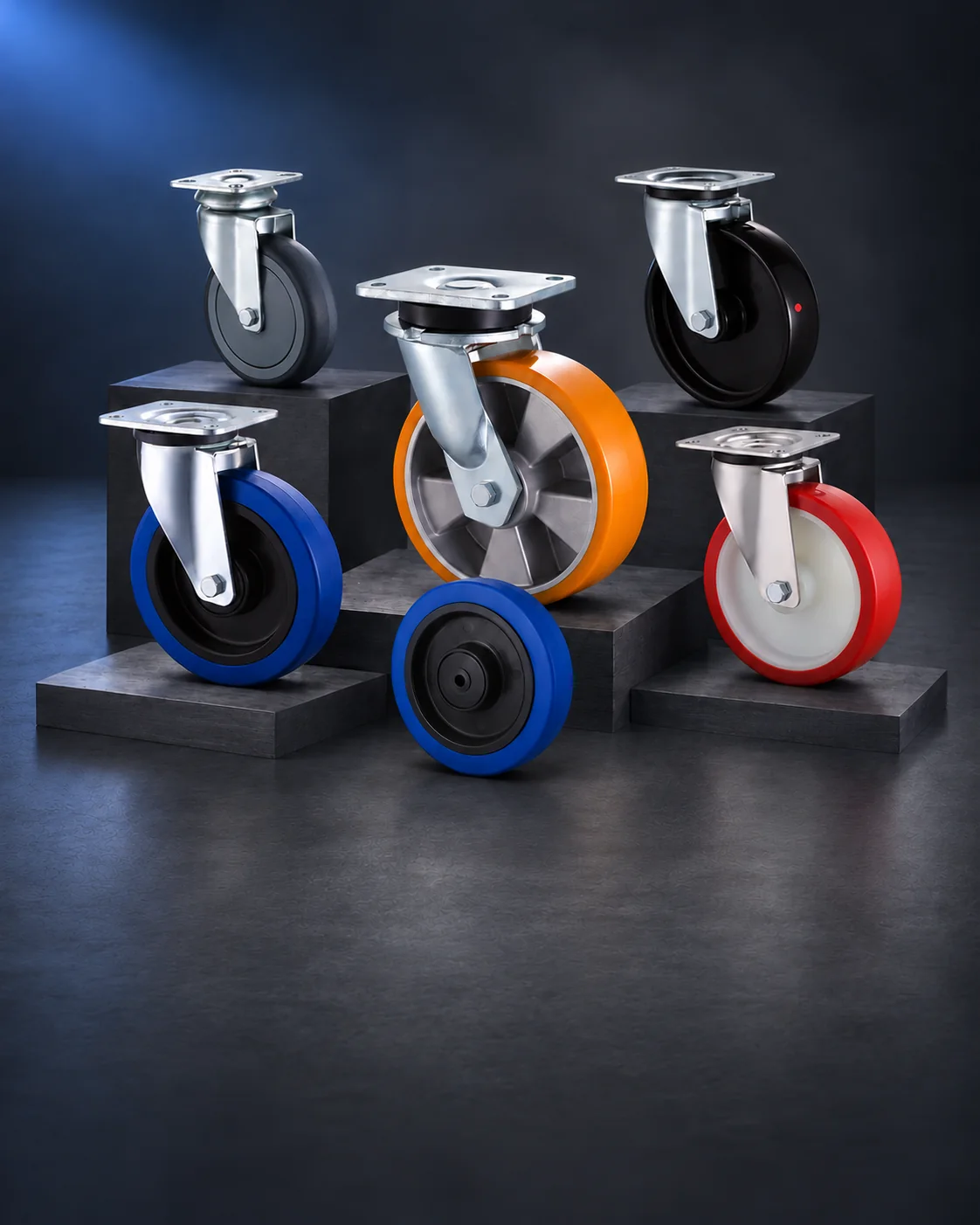 AI product-family composition based on the supplied five Taishan castor images and one blue industrial wheel, with blue rubber, orange heavy-duty, red, black and gray castor models