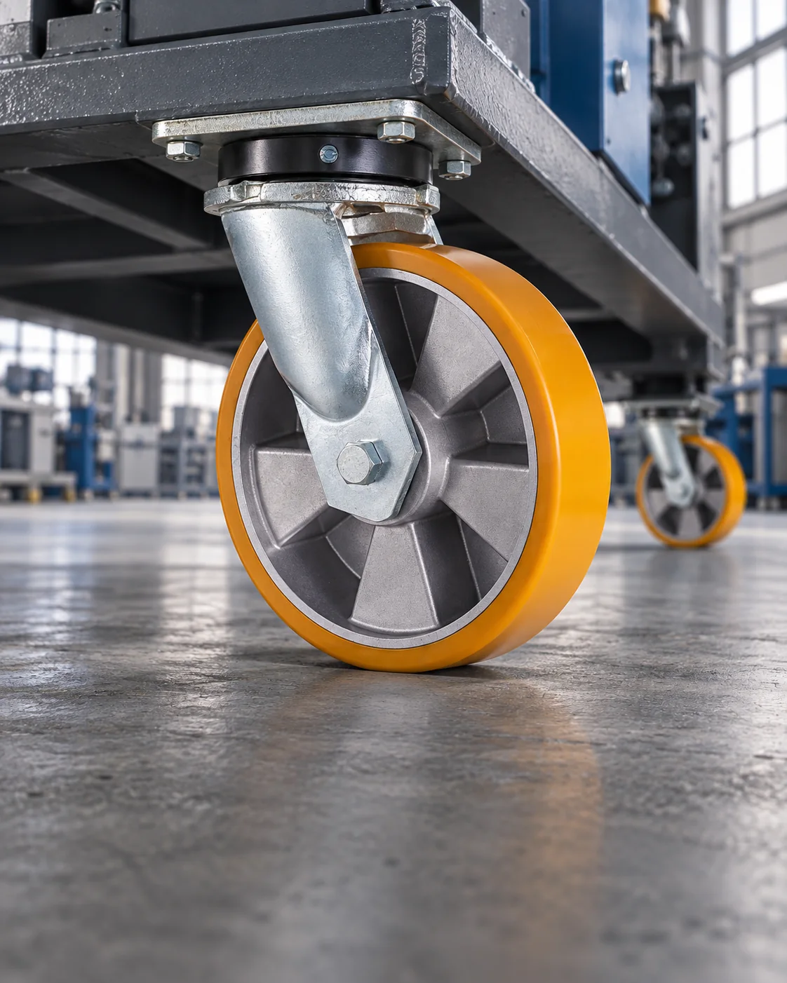 AI application concept of the supplied orange polyurethane heavy-duty castor installed under industrial equipment