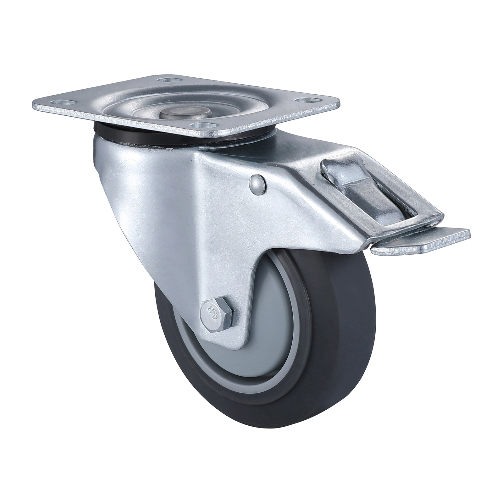 07 Series Industrial Castors with TE Series Grey Thermoplastic Rubber Wheel Swivel Castors with Total Brakes