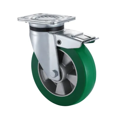 03 Series Heavy Duty Castors with UH Series Green Elastic Polyurethane Wheel Swivel Castors with Total Brakes