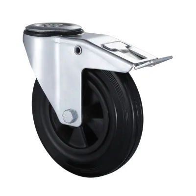 07 Series Industrial Castors with BP Series Black Solid Rubber Wheel Bolt Hole Castors with Total Brakes