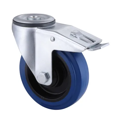 07 Series Industrial Castors with EP Series Blue Elastic Rubber Wheel1 Bolt Hole Castors with Total Brakes