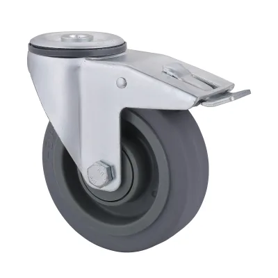 07 Series Industrial Castors with ET Series Grey Elastic Rubber Wheel1 Bolt Hole Castors with Total Brakes