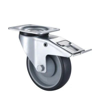 07 Series Industrial Castors with TR Series Grey Thermoplastic Rubber Wheel Swivel Castors with Total Brakes