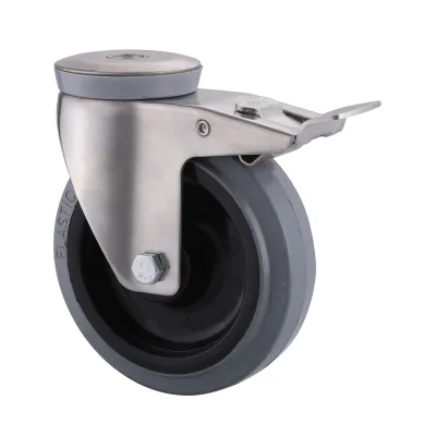 10 Series Stainless Steel Castors with EP Series Grey Elastic Rubber Wheel Bolt Hole Castors with Total Brakes