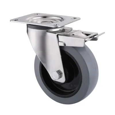 10 Series Stainless Steel Castors with EP Series Grey Elastic Rubber Wheel Swivel Castors with Total Brakes