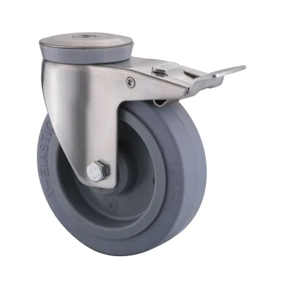 10 Series Stainless Steel Castors with ET Series Grey Elastic Rubber Wheel Bolt Hole Castors with Total Brakes