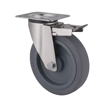 10 Series Stainless Steel Castors with ET Series Grey Elastic Rubber Wheel Swivel Castors with Total Brakes
