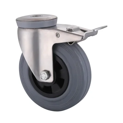 10 Series Stainless Steel Castors with GP Series Grey Soild Rubber Wheel Bolt Hole Castors with Total Brakes