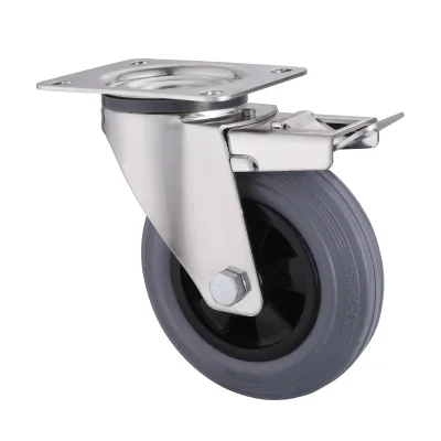 10 Series Stainless Steel Castors with GP Series Grey Soild Rubber Wheel Swivel Castors with Total Brakes