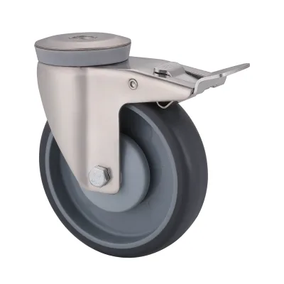 10 Series Stainless Steel Castors with TR Series Grey Thermoplastic Rubber Wheel Bolt Hole Castors with Total Brakes