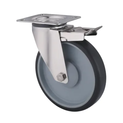 10 Series Stainless Steel Castors with TR Series Grey Thermoplastic Rubber Wheel Swivel Castors with Total Brakes